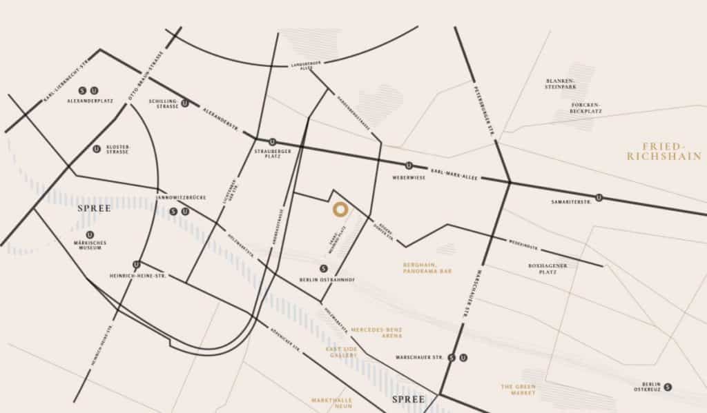 The Franz apartments map location next to Mercedes Benz arena in the capital of Germany