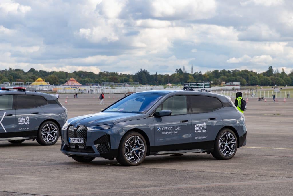 BMW iX cars serving as one of the timing cars of the 2023 Berlin Marathon.